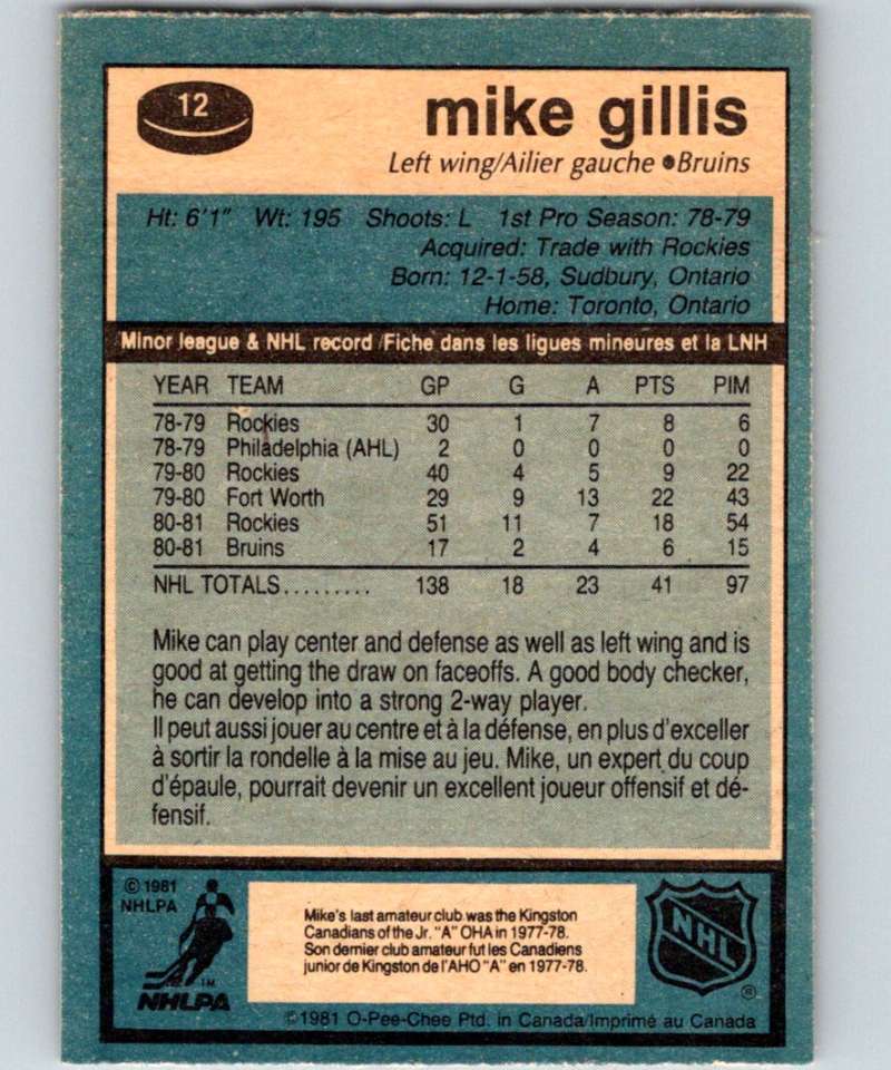 1981-82 O-Pee-Chee #12 Mike Gillis RC Rookie Bruins 6304