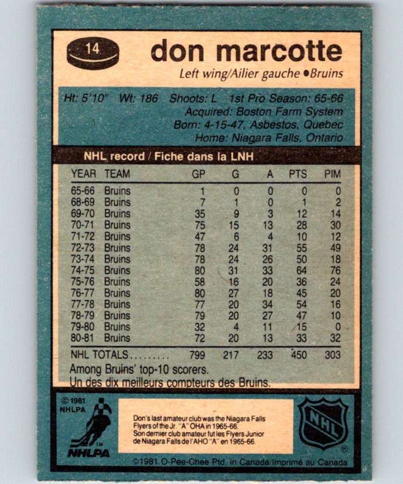 1981-82 O-Pee-Chee #14 Don Marcotte Bruins 6306