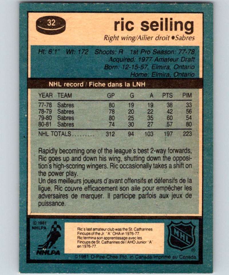 1981-82 O-Pee-Chee #32 Ric Seiling Sabres 6324