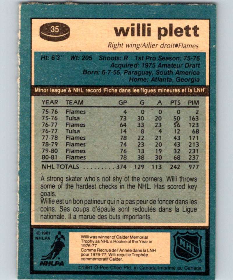 1981-82 O-Pee-Chee #35 Willi Plett Flames 6327