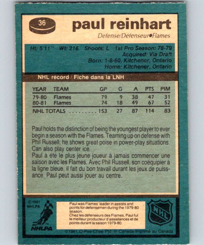 1981-82 O-Pee-Chee #36 Paul Reinhart Flames 6328