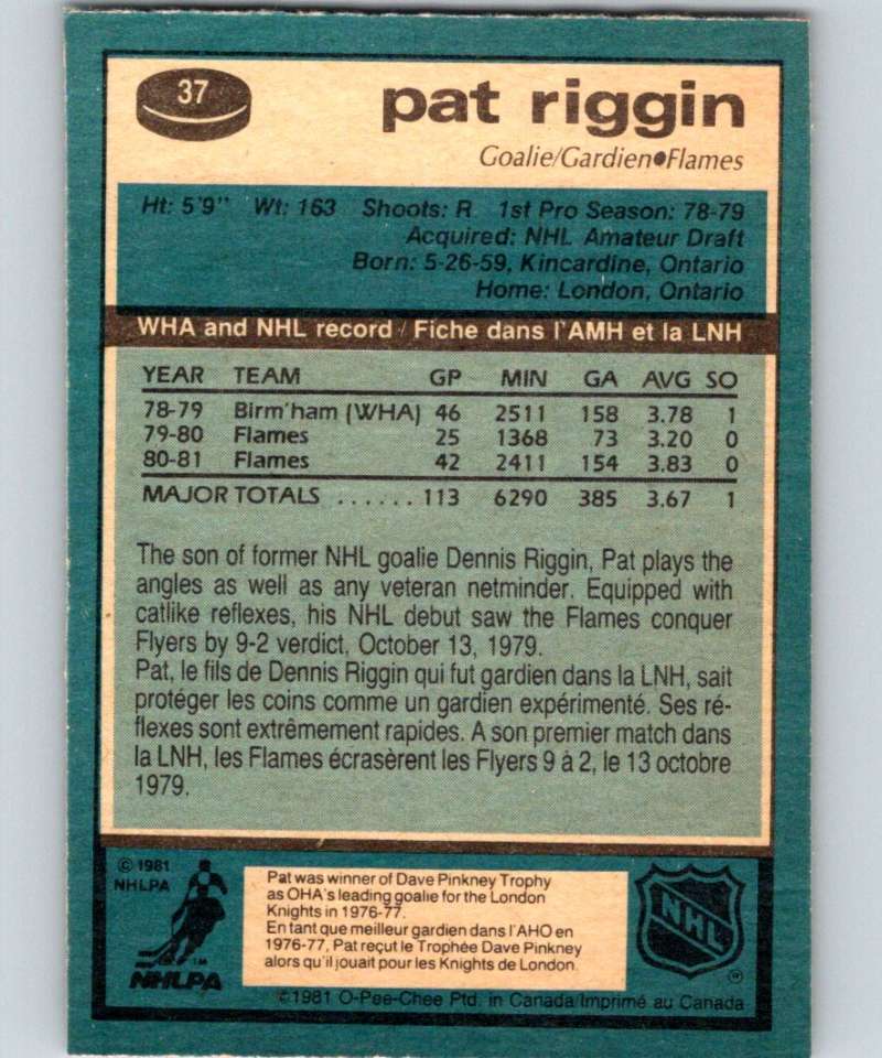 1981-82 O-Pee-Chee #37 Pat Riggin RC Rookie Flames 6329