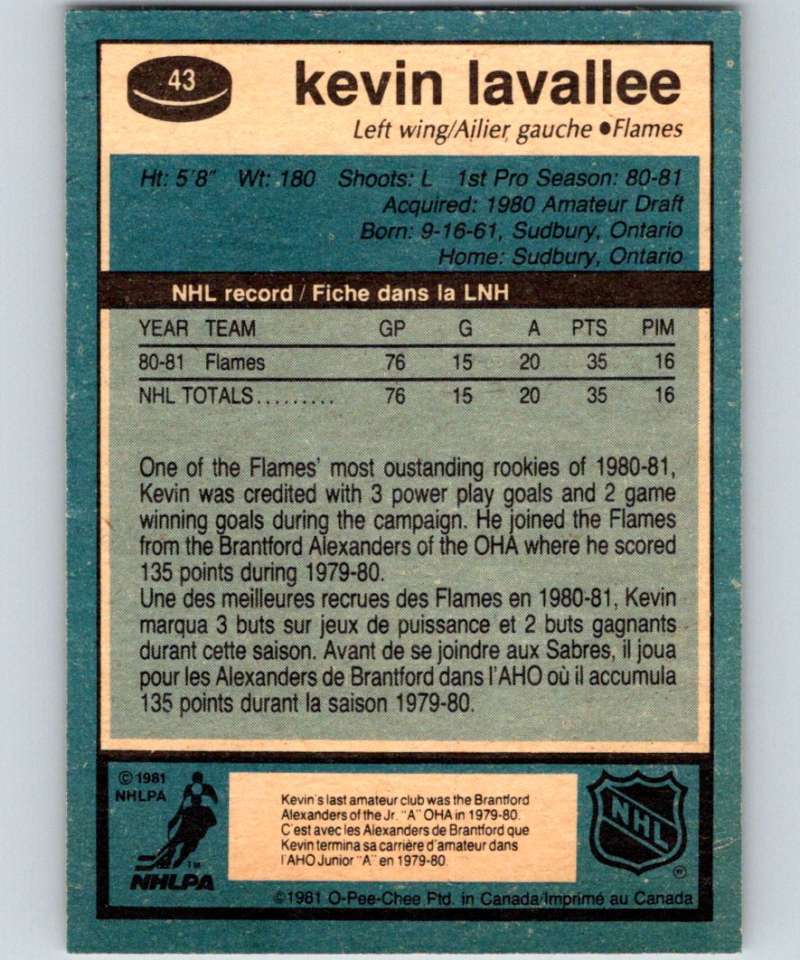 1981-82 O-Pee-Chee #43 Kevin LaVallee RC Rookie Flames 6335