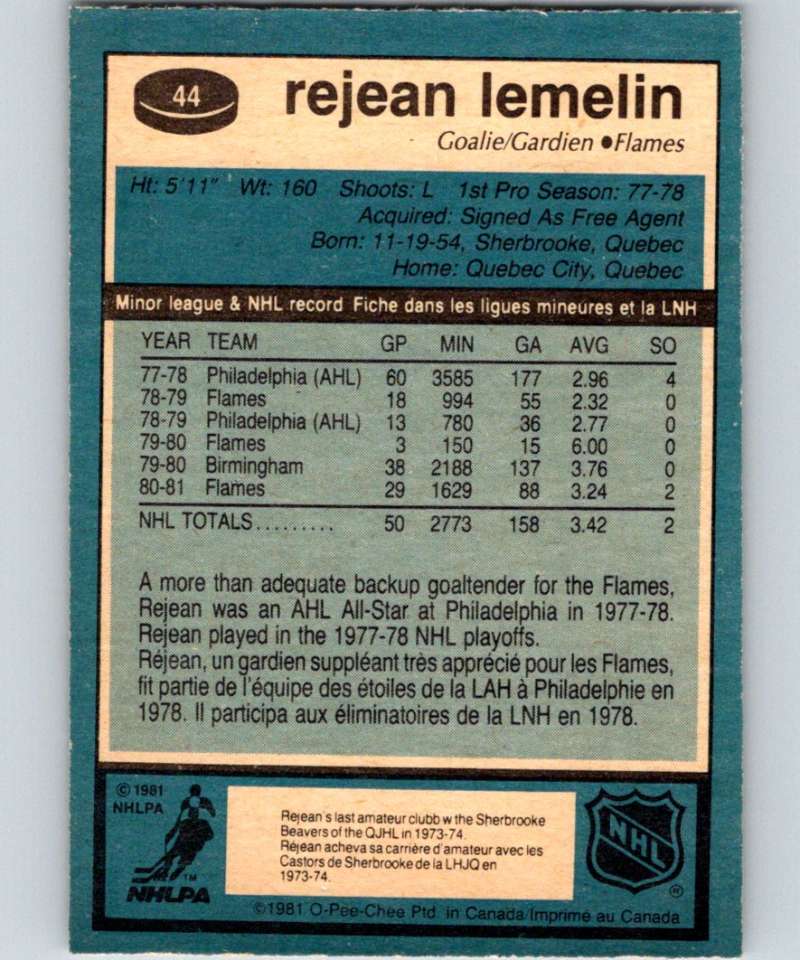 1981-82 O-Pee-Chee #44 Reggie Lemelin RC Rookie Flames 6336