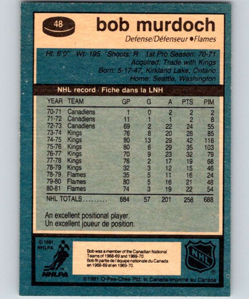 1981-82 O-Pee-Chee #48 Bob Murdoch Flames 6340