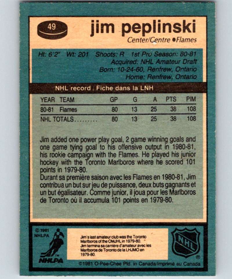 1981-82 O-Pee-Chee #49 Jim Peplinski RC Rookie Flames 6341