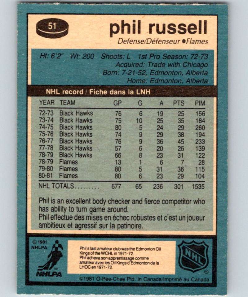 1981-82 O-Pee-Chee #51 Phil Russell Flames 6343