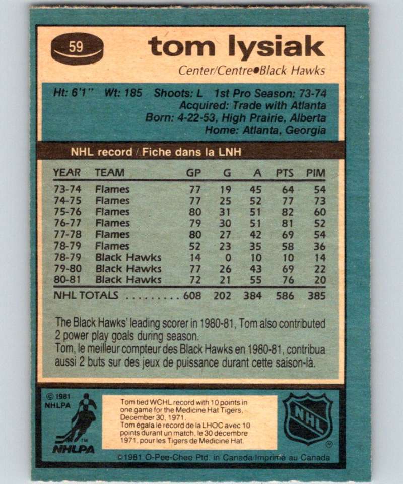 1981-82 O-Pee-Chee #59 Tom Lysiak Blackhawks 6351