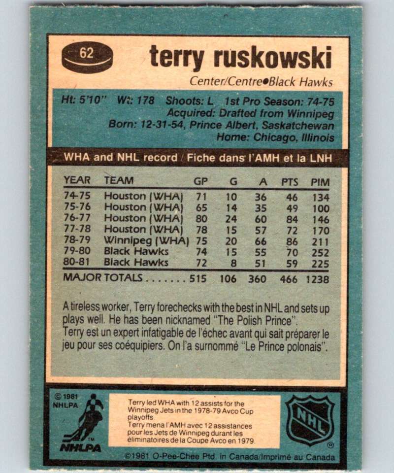 1981-82 O-Pee-Chee #62 Terry Ruskowski Blackhawks 6354
