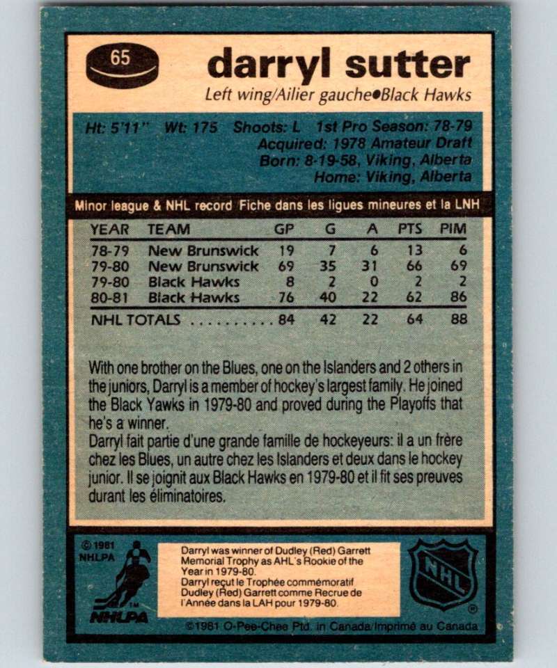1981-82 O-Pee-Chee #65 Darryl Sutter RC Rookie Blackhawks 6357