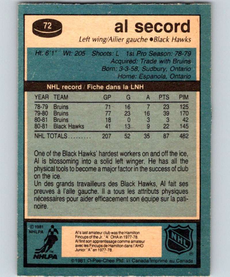 1981-82 O-Pee-Chee #72 Al Secord Blackhawks 6365
