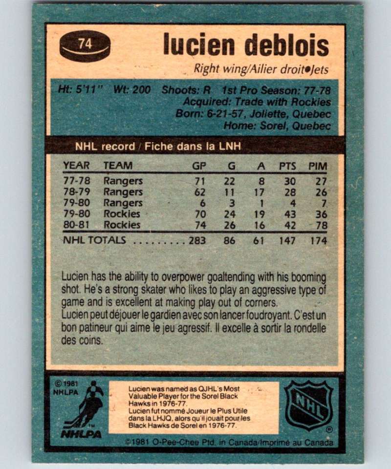1981-82 O-Pee-Chee #74 Lucien DeBlois Winn Jets 6367