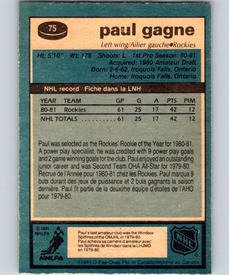 1981-82 O-Pee-Chee #75 Paul Gagne RC Rookie Rockies 6368