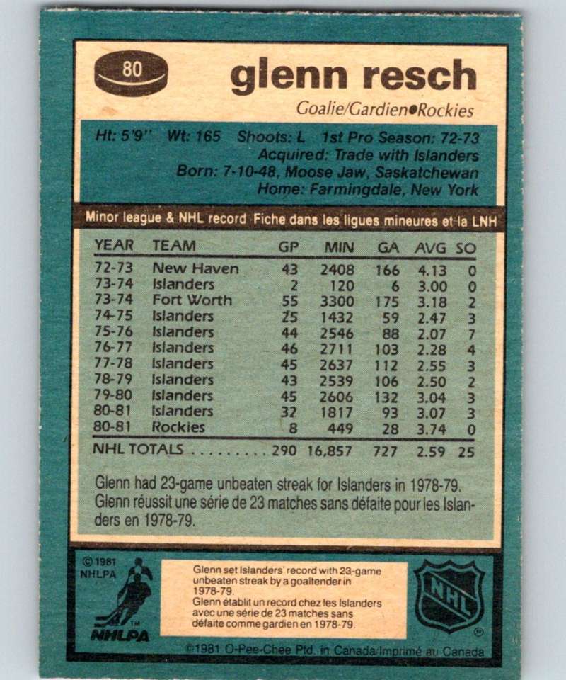 1981-82 O-Pee-Chee #80 Glenn Resch Rockies 6373