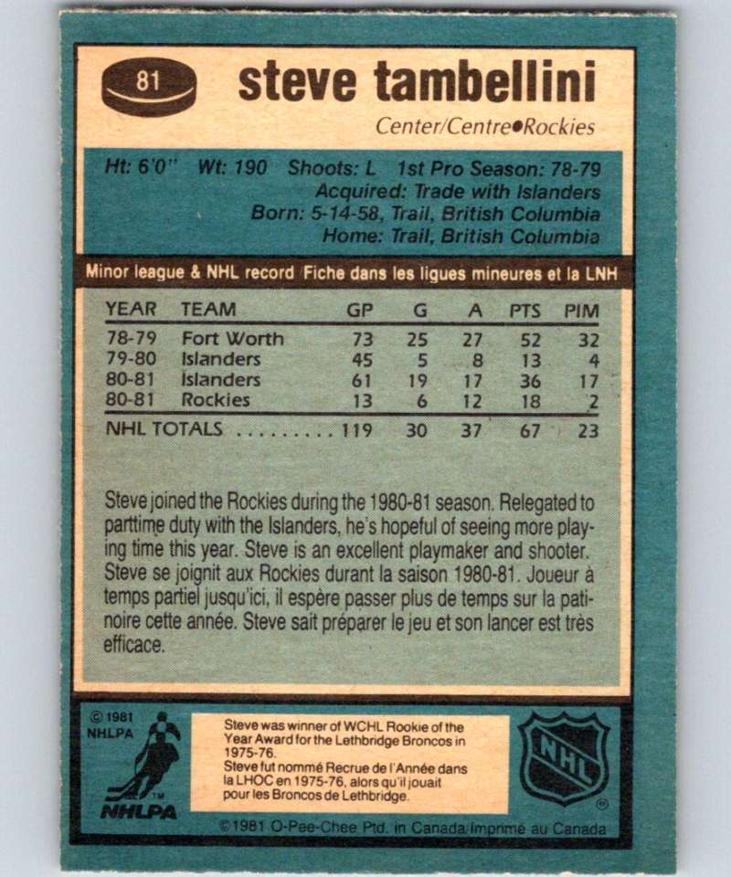 1981-82 O-Pee-Chee #81 Steve Tambellini Rockies 6374