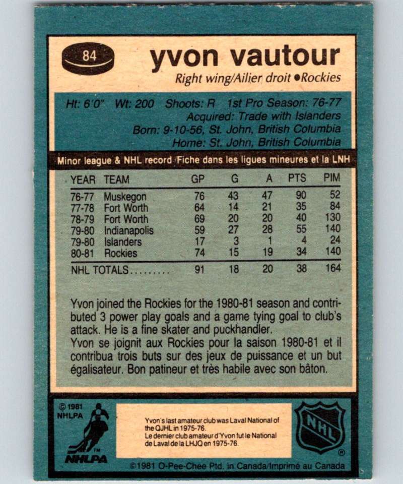 1981-82 O-Pee-Chee #84 Yvon Vautour RC Rookie Rockies 6377