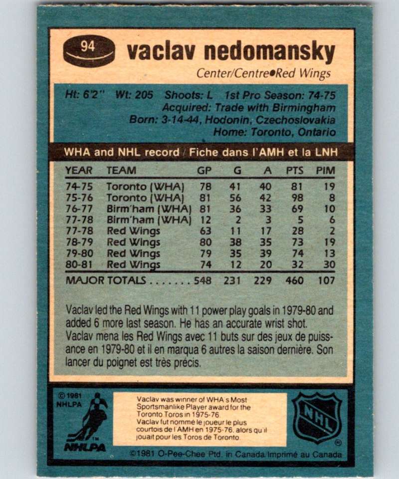 1981-82 O-Pee-Chee #94 Vaclav Nedomansky Red Wings 6387