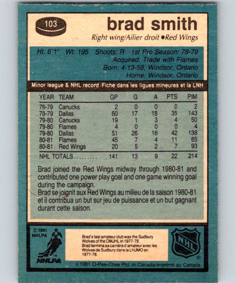 1981-82 O-Pee-Chee #103 Brad Smith RC Rookie Red Wings 6396