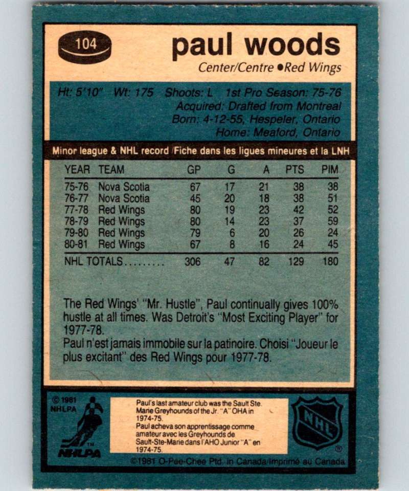 1981-82 O-Pee-Chee #104 Paul Woods Red Wings 6397