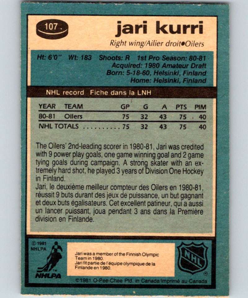 1981-82 O-Pee-Chee #107 Jari Kurri RC Rookie Oilers 6400