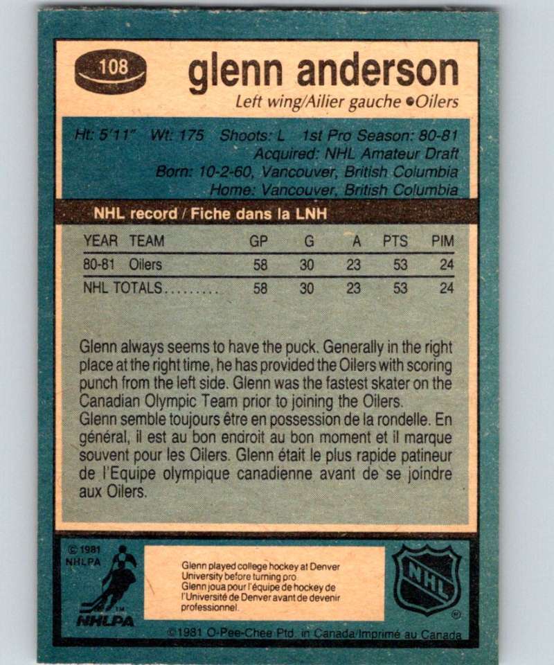 1981-82 O-Pee-Chee #108 Glenn Anderson RC Rookie Oilers 6401