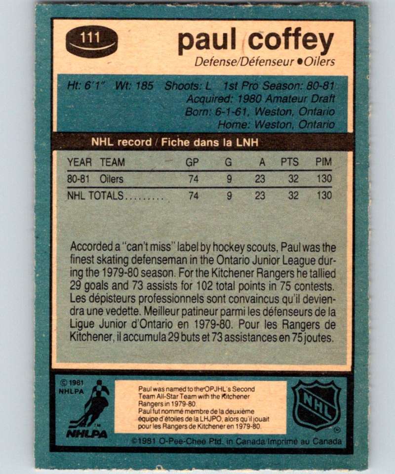 1981-82 O-Pee-Chee #111 Paul Coffey RC Rookie Oilers 6404