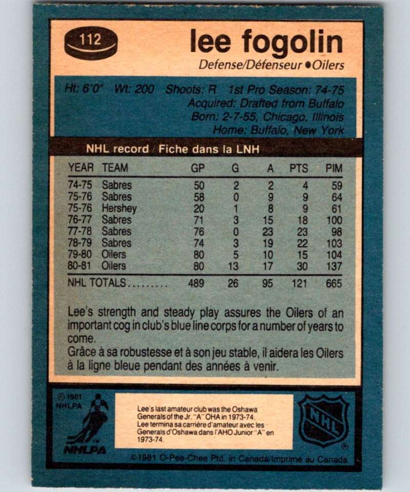 1981-82 O-Pee-Chee #112 Lee Fogolin Oilers 6405