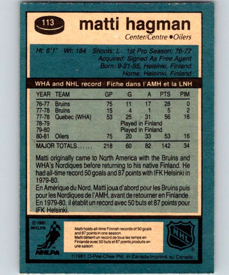 1981-82 O-Pee-Chee #113 Matti Hagman RC Rookie Oilers 6406