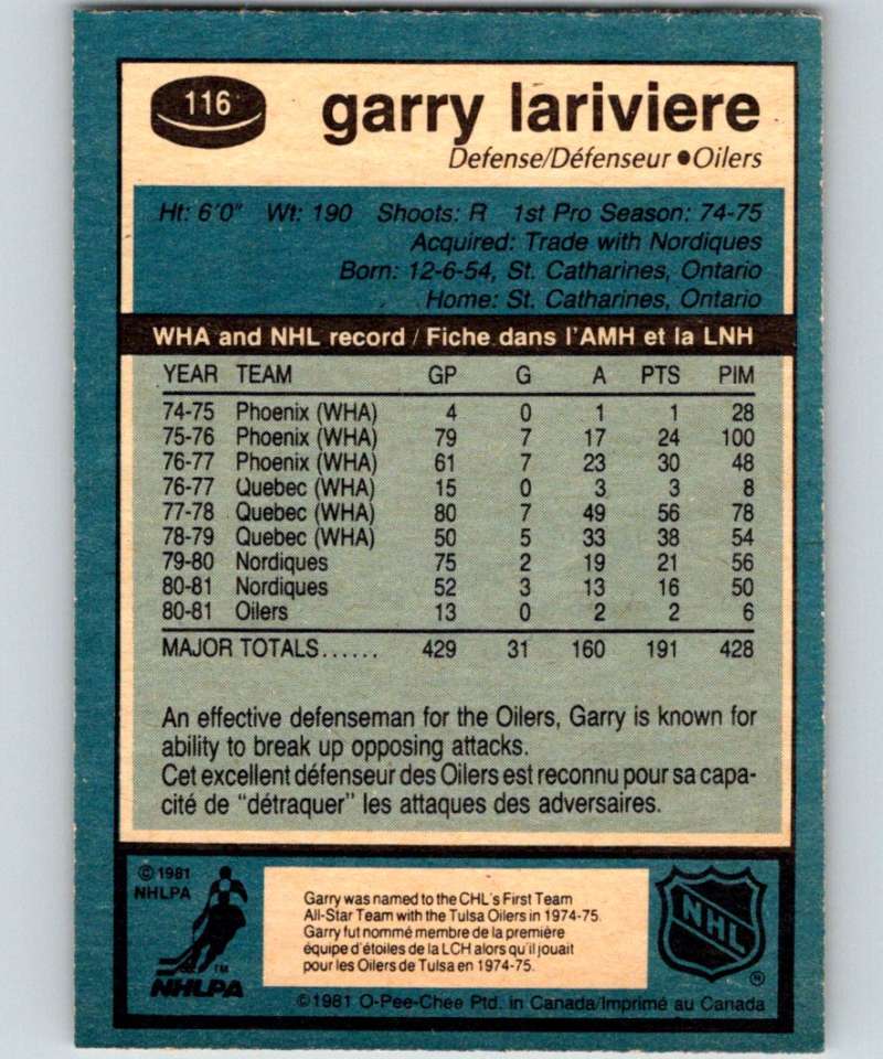 1981-82 O-Pee-Chee #116 Garry Lariviere Oilers 6409