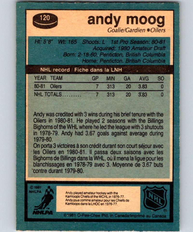 1981-82 O-Pee-Chee #120 Andy Moog RC Rookie Oilers 6413