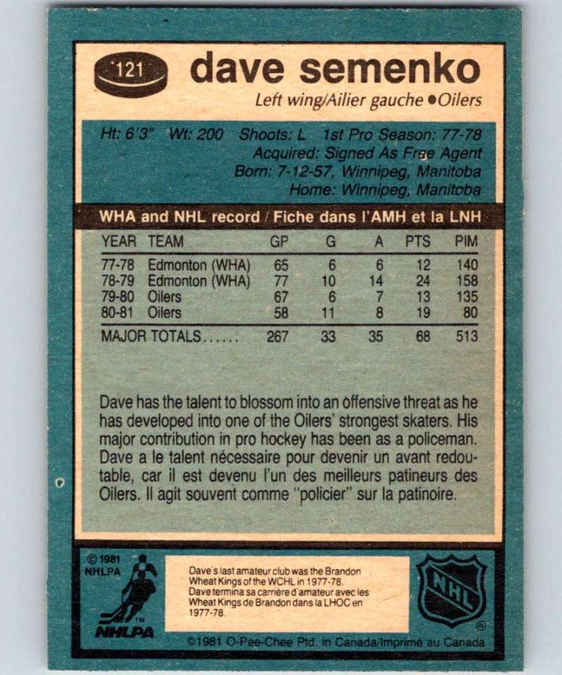 1981-82 O-Pee-Chee #121 Dave Semenko Oilers 6414