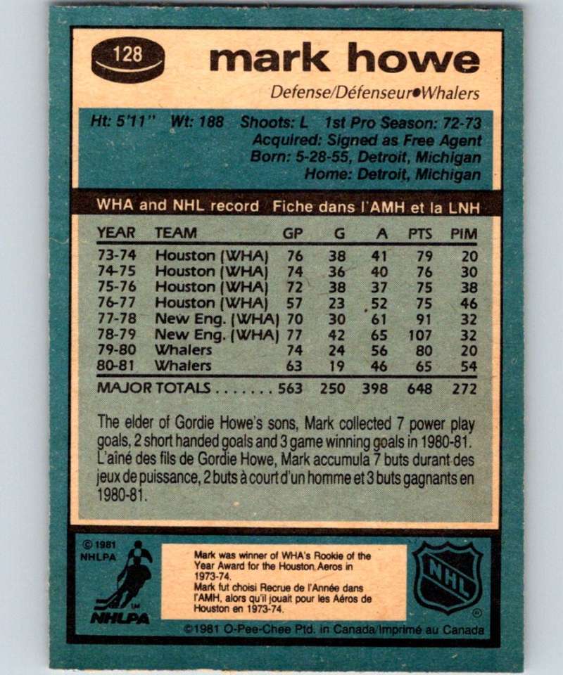 1981-82 O-Pee-Chee #128 Mark Howe Whalers 6421