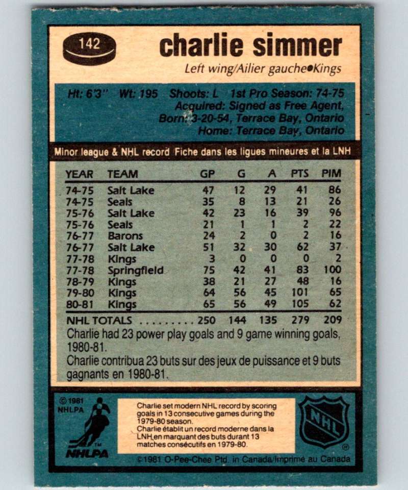 1981-82 O-Pee-Chee #142 Charlie Simmer Kings 6435