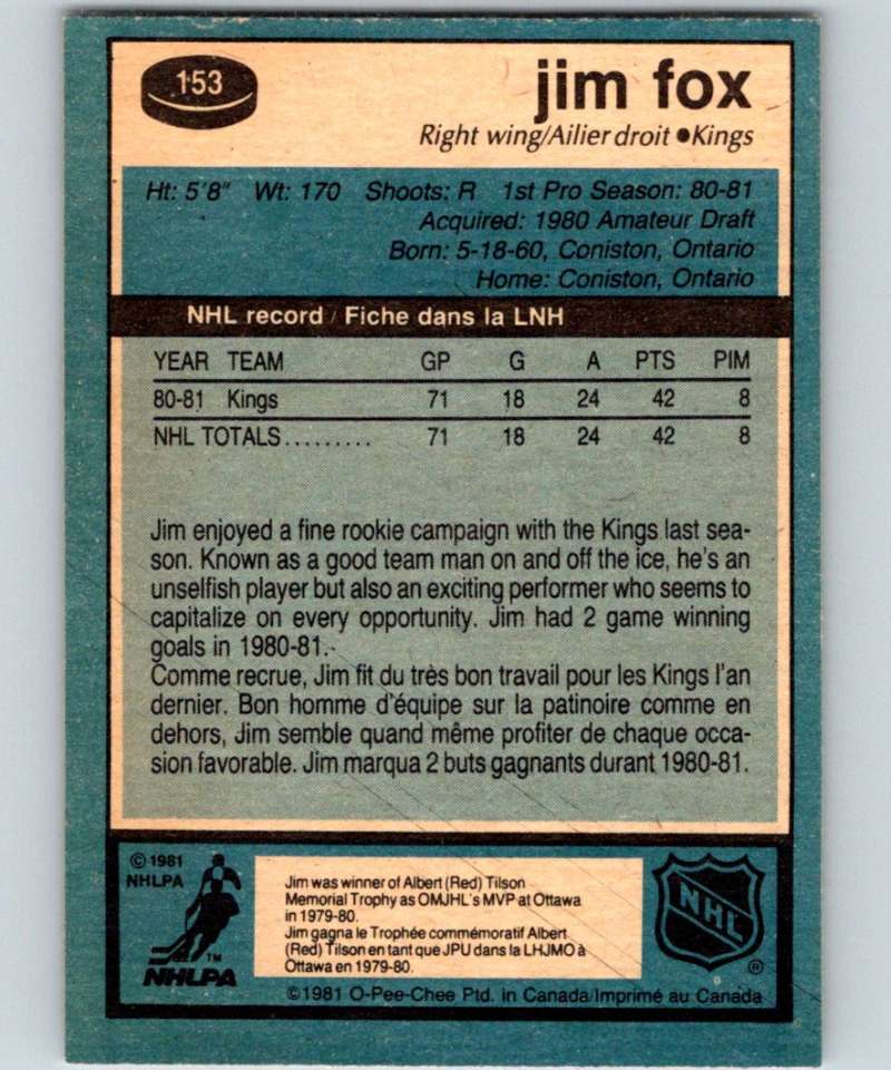 1981-82 O-Pee-Chee #153 Jim Fox RC Rookie Kings 6446