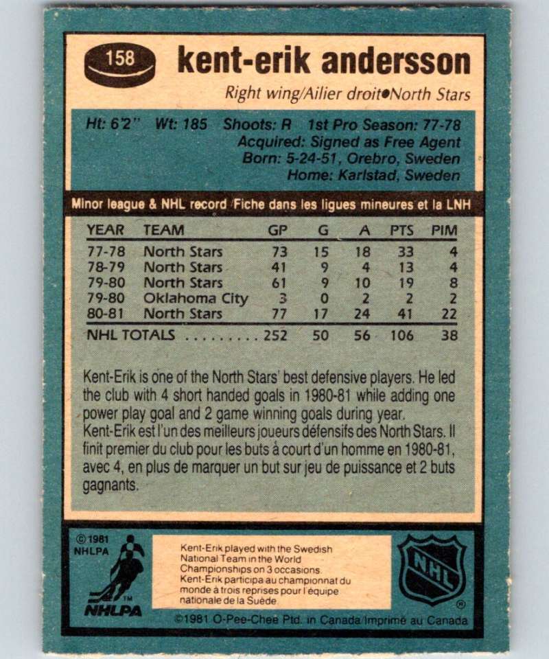 1981-82 O-Pee-Chee #158 Kent-Erik Andersson North Stars 6451