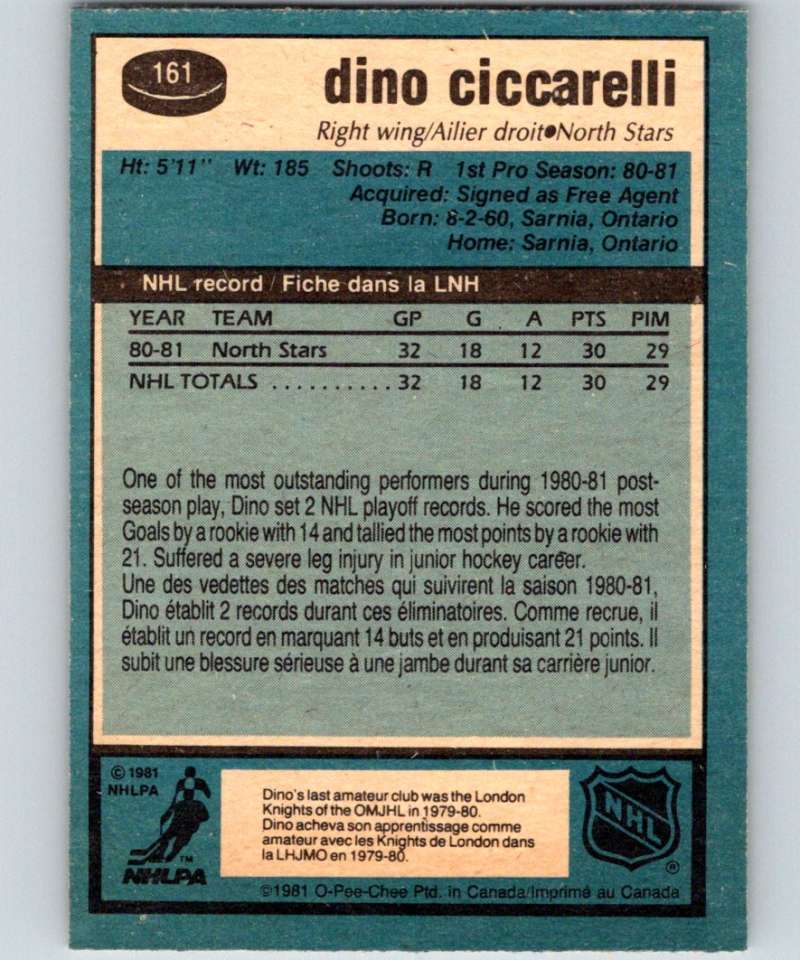 1981-82 O-Pee-Chee #161 Dino Ciccarelli RC Rookie North Stars 6454