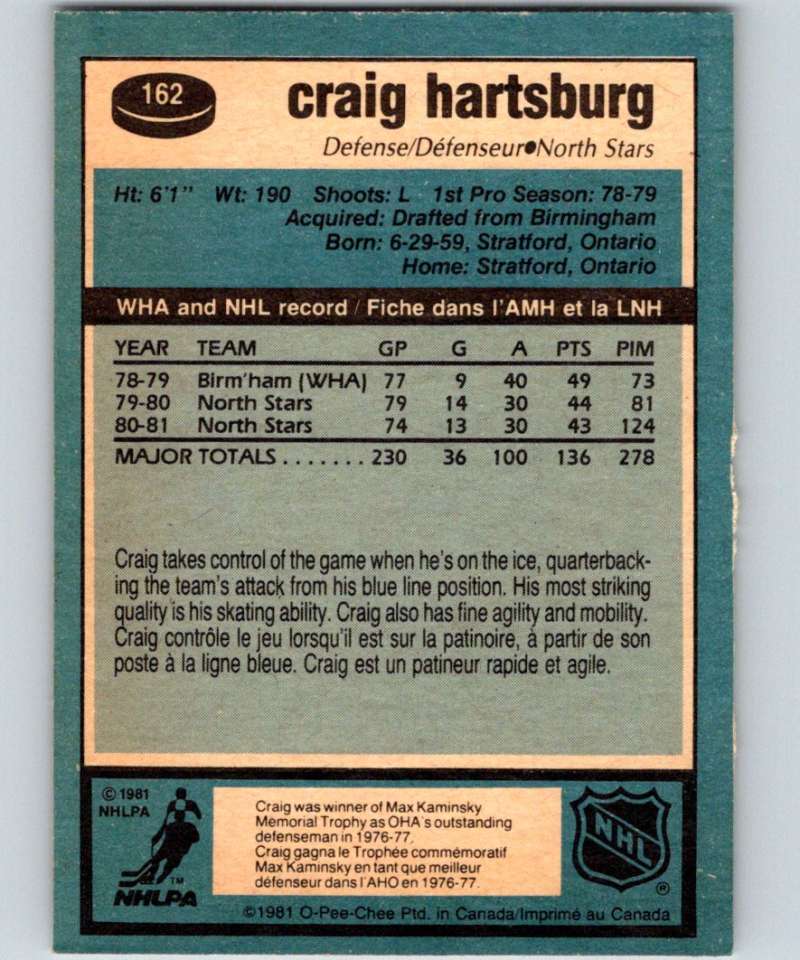 1981-82 O-Pee-Chee #162 Craig Hartsburg North Stars 6455