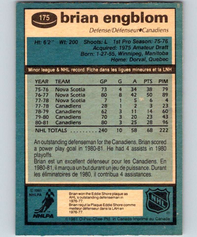 1981-82 O-Pee-Chee #175 Brian Engblom Canadiens 6468