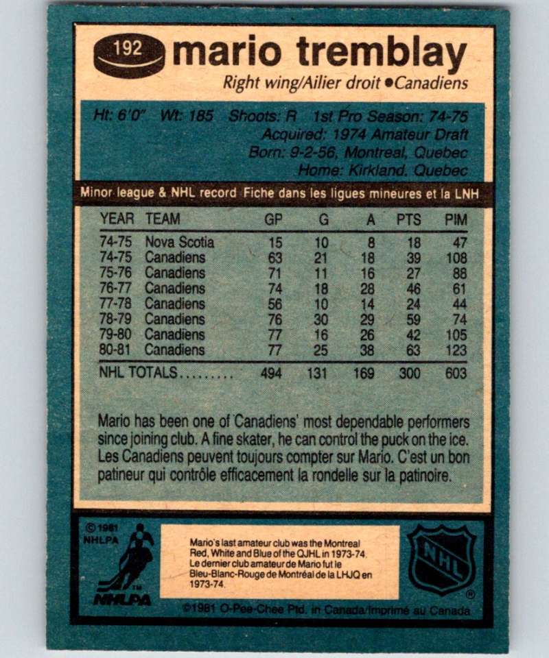 1981-82 O-Pee-Chee #192 Mario Tremblay Canadiens 6485