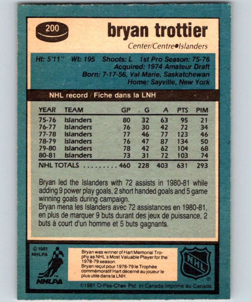 1981-82 O-Pee-Chee #200 Bryan Trottier NY Islanders 6493