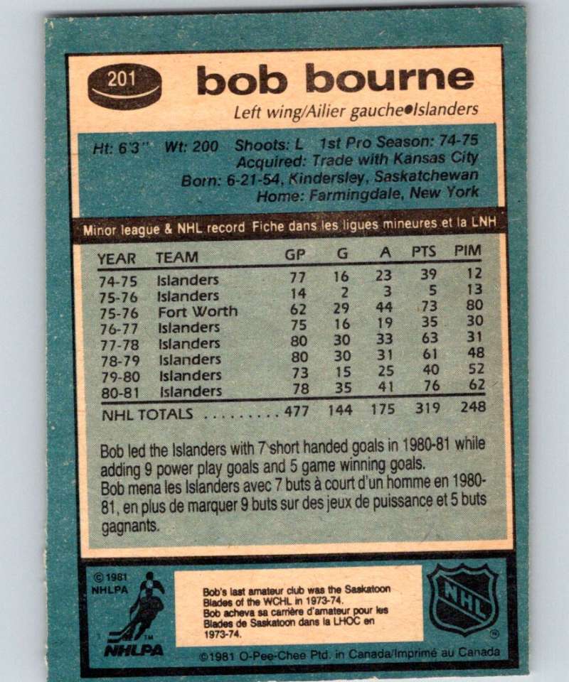 1981-82 O-Pee-Chee #201 Bob Bourne NY Islanders 6494