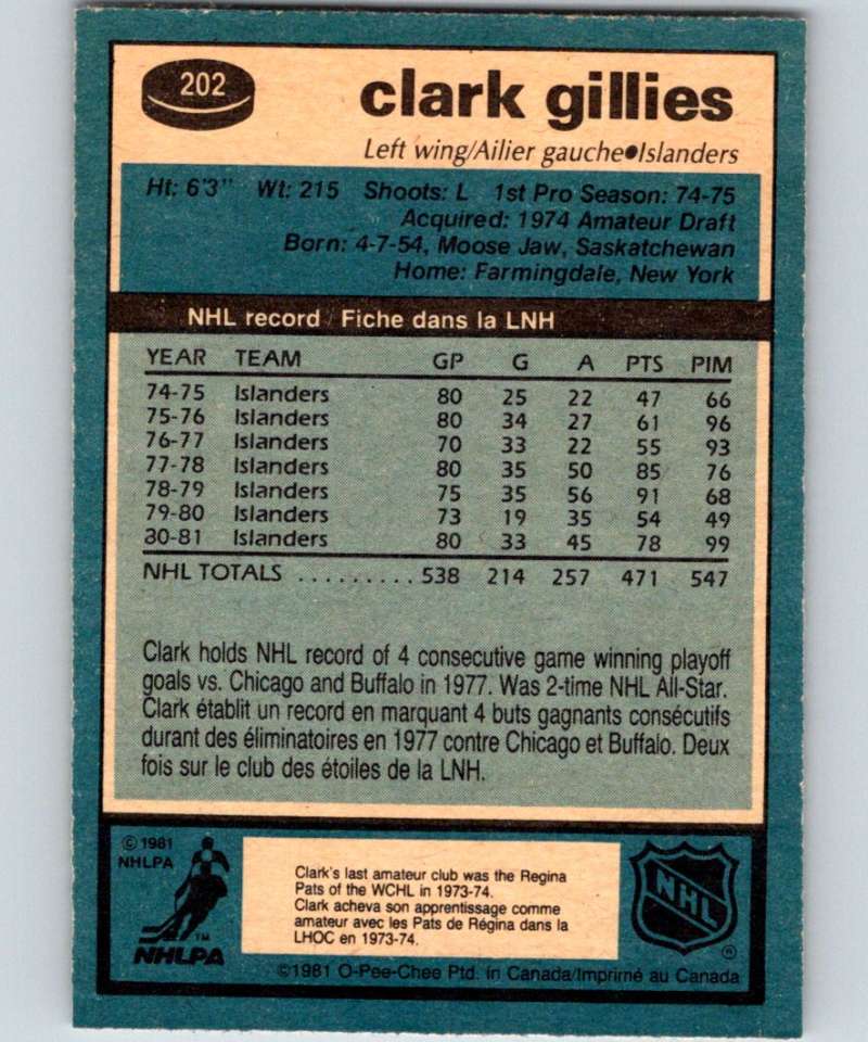 1981-82 O-Pee-Chee #202 Clark Gillies NY Islanders 6495
