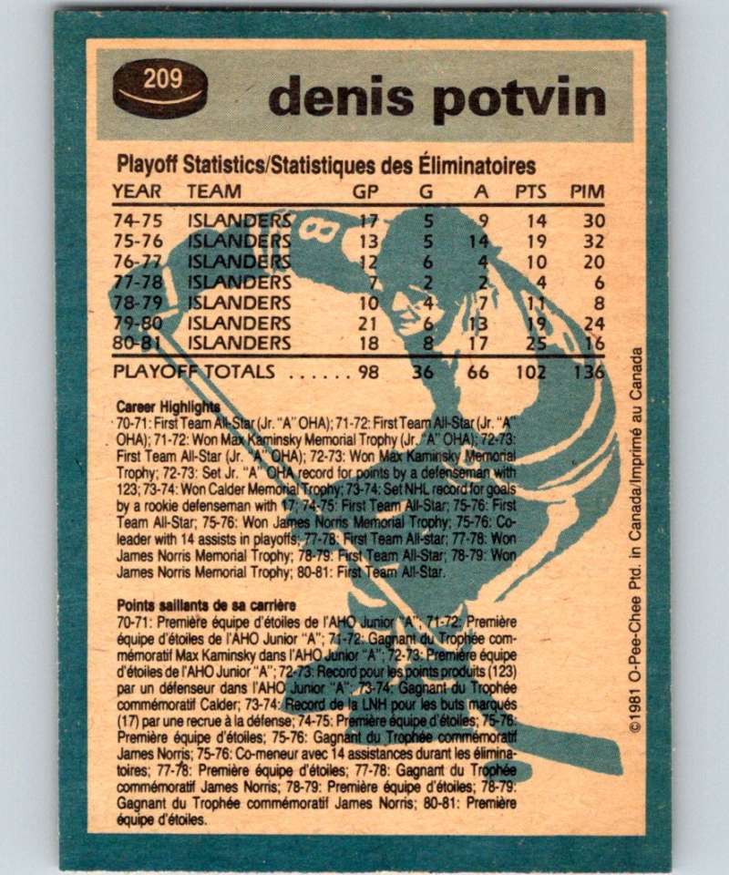 1981-82 O-Pee-Chee #209 Denis Potvin NY Islanders 6502