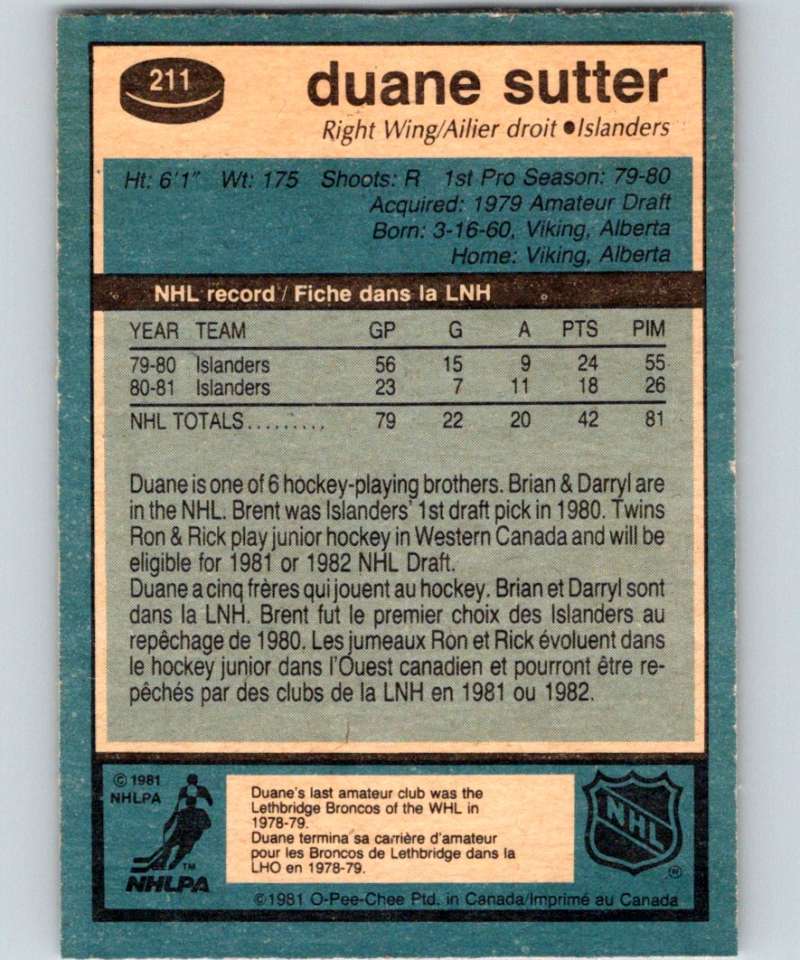 1981-82 O-Pee-Chee #211 Duane Sutter RC Rookie NY Islanders 6504