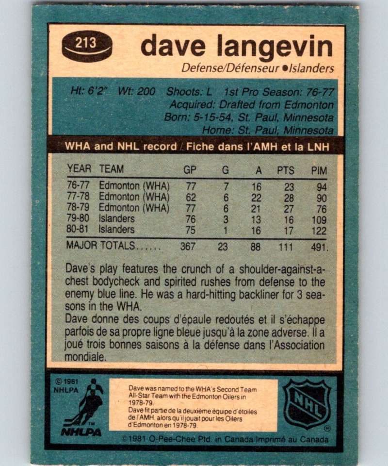 1981-82 O-Pee-Chee #213 Dave Langevin NY Islanders 6506