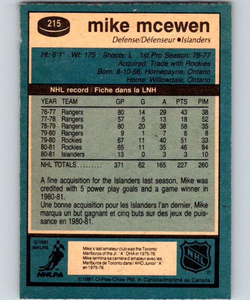 1981-82 O-Pee-Chee #215 Mike McEwen NY Islanders 6508