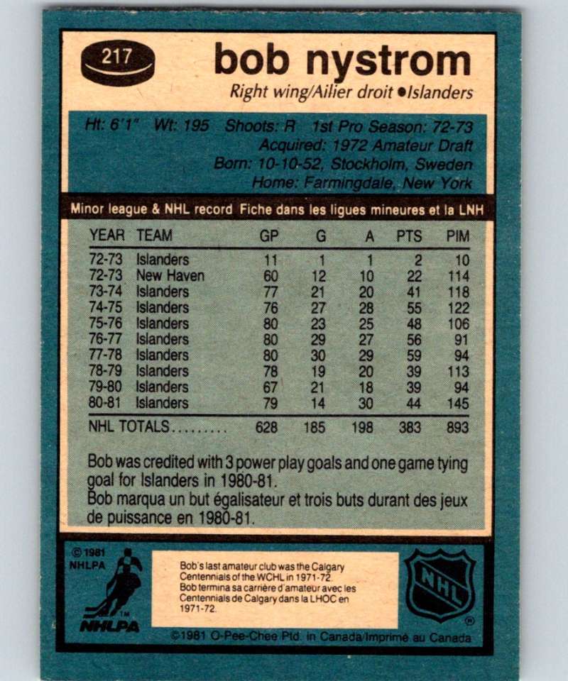 1981-82 O-Pee-Chee #217 Bob Nystrom NY Islanders 6510