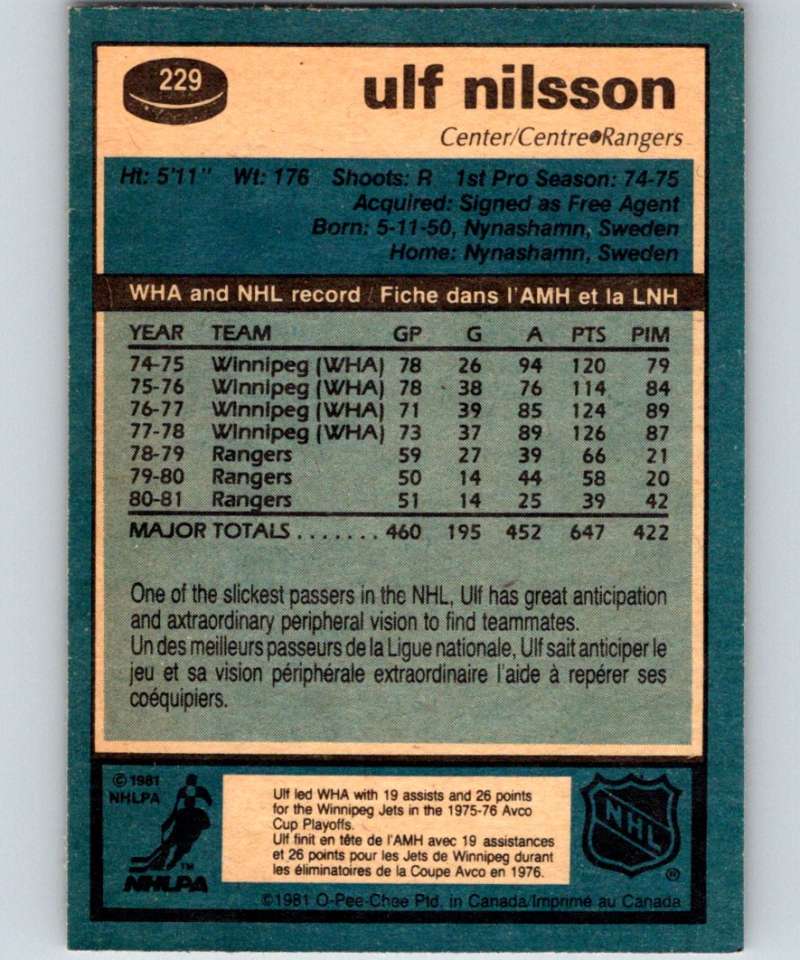 1981-82 O-Pee-Chee #229 Ulf Nilsson NY Rangers 6522