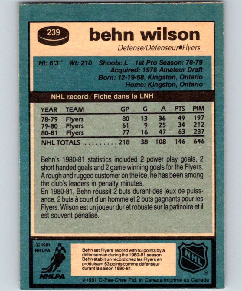 1981-82 O-Pee-Chee #239 Behn Wilson Flyers 6532