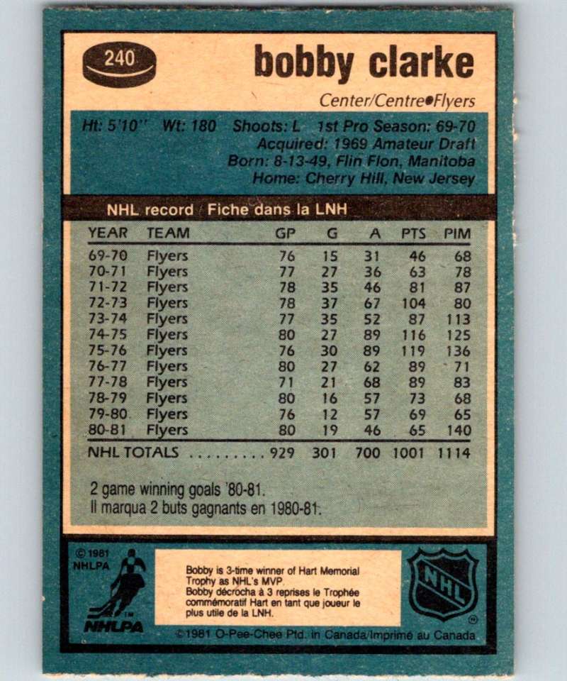 1981-82 O-Pee-Chee #240 Bobby Clarke Flyers 6533
